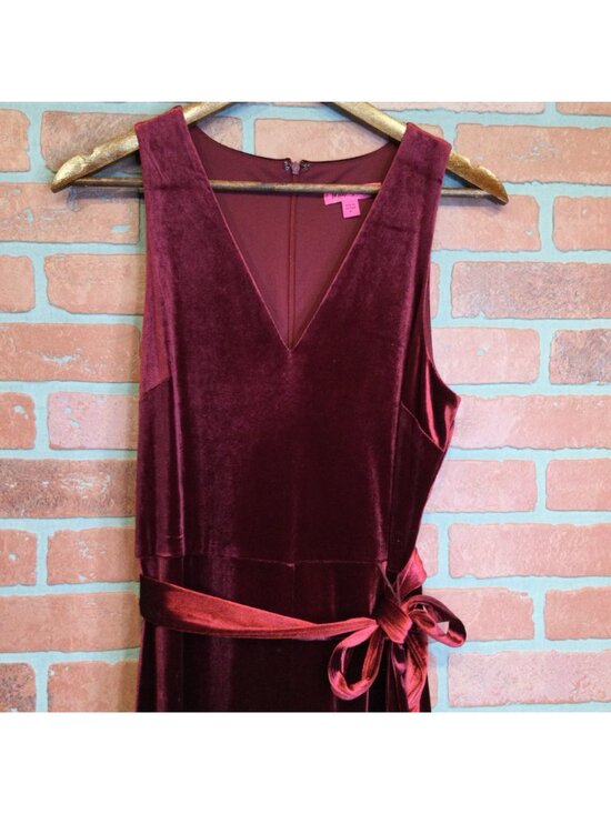Betsey Johnson Velvet Jumpsuit Sleeveless Ruffled Wide Leg Red Burgundy Size 8 - Picture 4 of 11